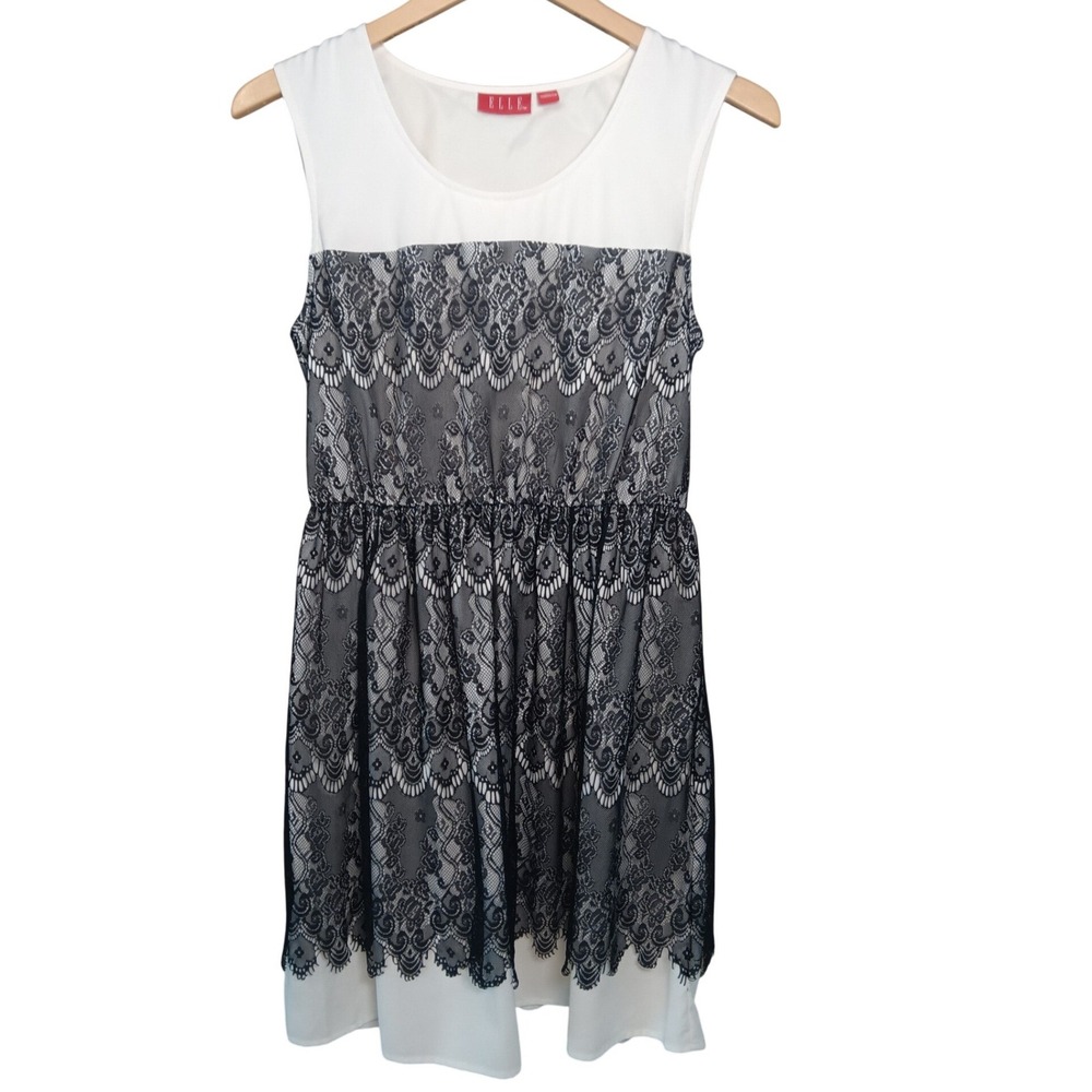 ELLE Women's Cream Black Lace Overlay Sleeveless Fit Flare Dress Medium